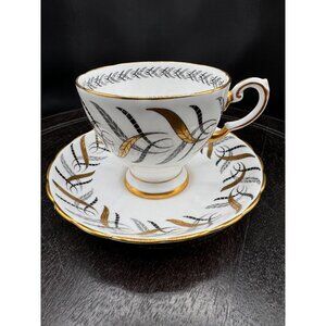 Vintage Tuscan England Bone China Teacup & Saucer Set With Gold & Black Feather
